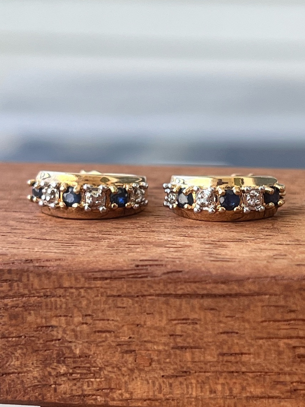 Gold Over Sterling Silver Sapphire and Diamond Huggie Hoop Earrings